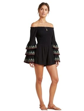 NWT Anthropologie Raga Black Off Shoulder Romper Embroirded Boho Bell Sleeve S
